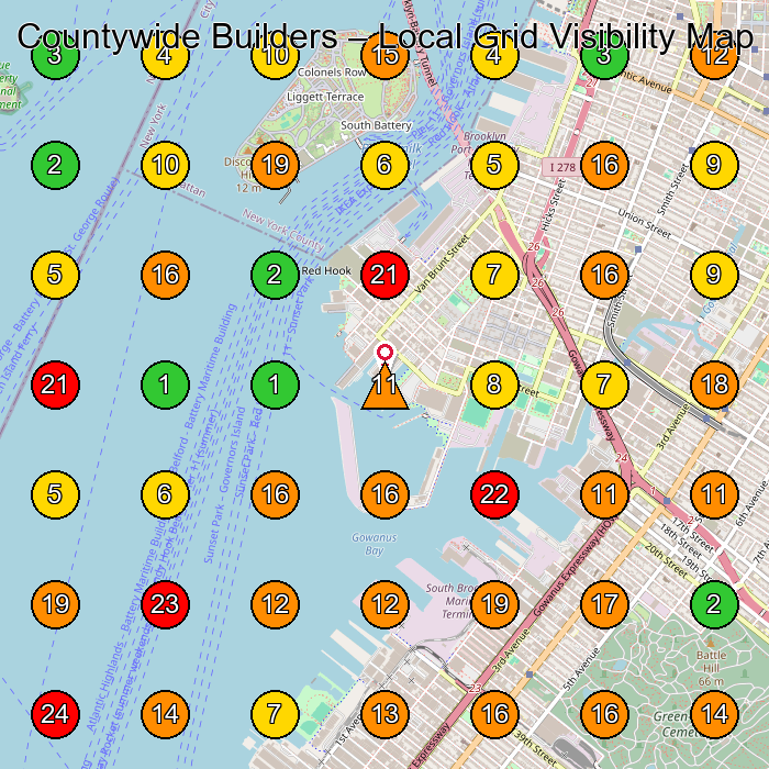 Countywide Builders General Contractor GeoGrid ranking map for Brooklyn NY